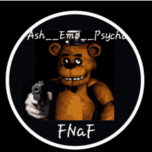 a person is pointing a gun at a teddy bear with the word fnaf on the bottom