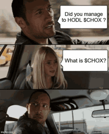 a man and a woman in a car with a speech bubble that says did you manage to hodl schox