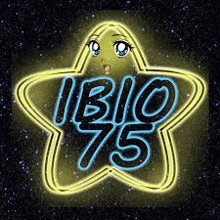 a neon sign in the shape of a star with the words `` ibio 75 '' written on it .