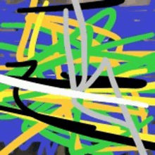 a computer generated image of a painting with yellow green and black lines on a blue background