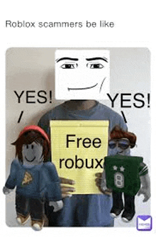 a man is holding a sign that says `` free robux '' next to two roblox characters .