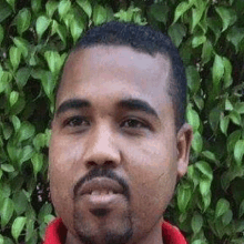 a man with a beard wearing a red shirt is standing in front of a bush .