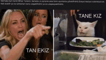 two women are pointing at a cat with the words tane kiz on the bottom