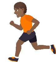 a cartoon illustration of a man in an orange shirt and black shorts running