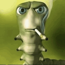 a cartoon caterpillar is smoking a cigarette and making a face .