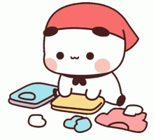 a cartoon panda bear is sitting on the floor surrounded by clothes and a red hat .