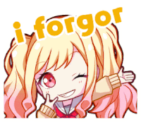 a cartoon girl with blonde hair and red eyes is smiling and says i forgor