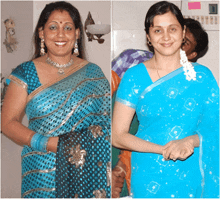 a woman in a blue polka dot dress smiles next to another woman in a blue dress