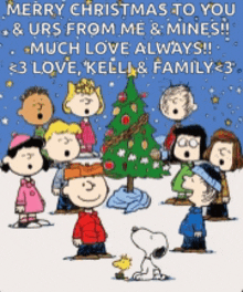 a group of peanuts characters singing merry christmas to you and urs from me and mines