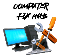 a computer fix hub logo with a computer monitor a laptop and a screwdriver