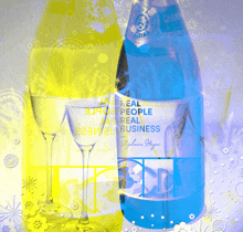 a blue and yellow bottle of champagne with the words " jae real people jae real business " on the label