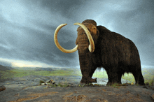 a mammoth with huge tusks is standing on a rocky hillside