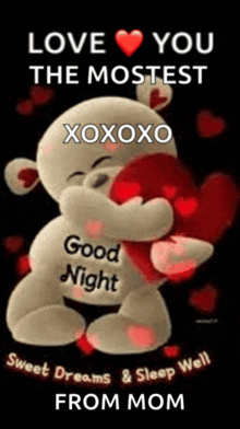 a teddy bear is hugging a heart on a good night card .