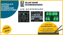 an advertisement for australia 's leading scoreboard manufacturer bluevane scoreboards