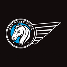 a logo for bad horse bikes with a horse 's head in the center