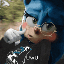 sonic the hedgehog wearing glasses and a shirt that says uwu on it