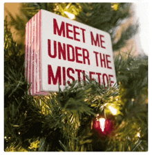 a sign that says meet me under the mistletoe hangs on a christmas tree