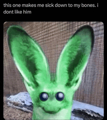 a green fox with big ears and big eyes is sitting on a rock .