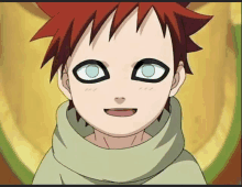 a close up of a cartoon character with red hair and black eyes .