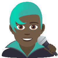 a man with blue hair is holding a microphone in his hand