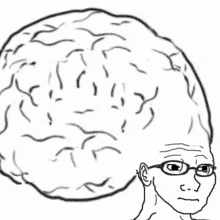 a black and white drawing of a man with glasses and a big brain on his head .