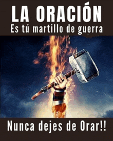 a poster with a hand holding a hammer that says la oración