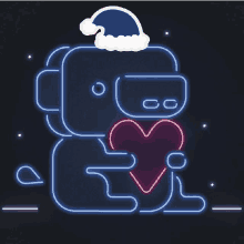 a robot wearing a santa hat holds a heart