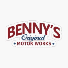 the logo for benny 's original motor works is red , blue and white .