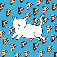 a cat surrounded by pizza slices on a blue background