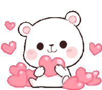 a white teddy bear is holding a pink heart in its hands surrounded by pink hearts .