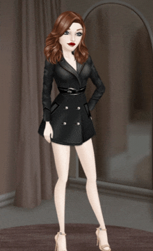 a woman in a black coat and white heels is standing in front of a mirror