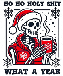 a skeleton wearing a santa hat is holding a cup of hot chocolate .