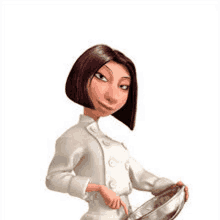 a cartoon woman in a chef 's coat is holding a metal bowl .