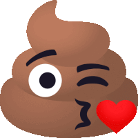 a cartoon drawing of a poop giving a kiss with a red heart next to it