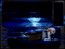 a man and woman are standing in front of a boat at night