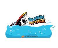 a logo for shark attack shows a shark coming out of the water