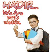 a boy with a backpack is giving a thumbs up with the words hadir we are fcd terbaik behind him