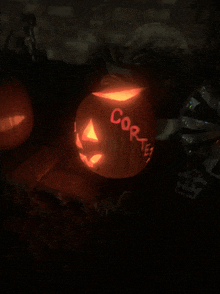 a carved pumpkin with the word cortez written on it