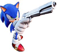 sonic the hedgehog is holding a gun in his right hand and pointing it