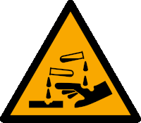 a yellow and black triangle warning sign with a hand reaching for a test tube