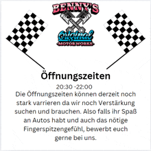 an advertisement for benny 's original motor works shows the opening times