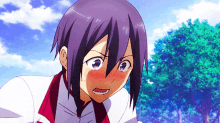 a purple haired anime character with a white shirt and red collar