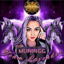 a woman with purple hair is surrounded by two wolves and the words muningg team lavender on the bottom