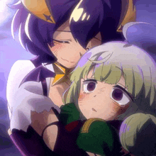 a girl with purple hair is hugging another girl