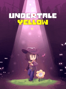 a poster for undertale yellow shows a cowboy holding a flower