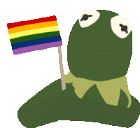 kermit the frog holds a rainbow flag in his hand