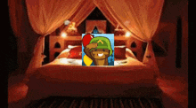 a bed with a picture of a monkey holding balloons