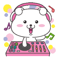 a cartoon bear wearing headphones is playing music on a pink mixer