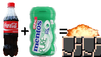 a bottle of coca cola next to a container of mentos pure fresh gum