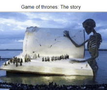 a giant book with a skeleton on top of it and the words game of thrones the story on the bottom